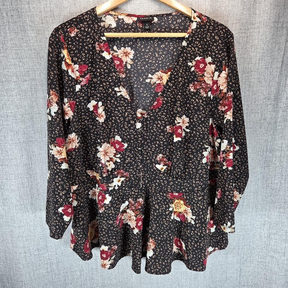 Torrid Womens Boho Top Peplum Corset Blouse Sz 1X 3/4 Sleeve Black Floral